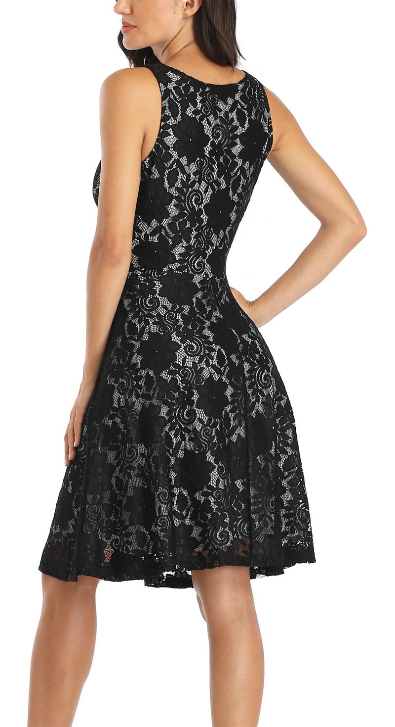 MISS MOLY Women Floral Lace Overlay Fit and Flare Dress V Neck Knee Length Elegant Wedding Party Dress Black XL - Image 3